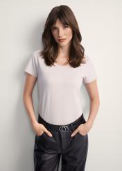 Beige women's basic T-shirt TSHDT-0111-81(KS), front view of the product on the model. Half of the silhouette visible.
