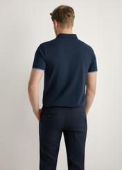 Navy blue cotton polo shirt POLMT-0045B-7E(W26), back view of the product on the model. Half of the silhouette visible.