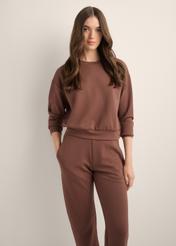 Brown women's sweatshirt BLZDT-0119-1H(Z26), front view of the product on the model. Half of the silhouette visible.