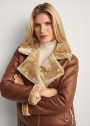 Camel short women's sheepskin coat KOZDP-0001A-1D(Z26), close-up of the product on the model's silhouette.