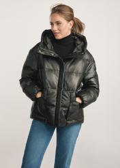 Women's black insulated leather jacket KURDS-0561-5344(Z25) - front product view of a model against a white background. Knee-length silhouette visible.