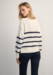 Women's cream striped sweater SWEDT-0258-0B(W26) - back view of the product, on a model, against a light background. Knee-length silhouette visible.