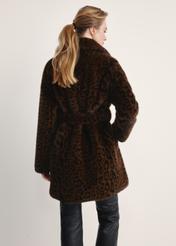 Women's brown leopard print fur coat FUTDP-0074-89(Z25) - back view of the product on a model, against a white background. Knee-length silhouette visible.