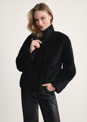 Women's black fur coat FUTDP-0021B-99(Z25), front view of the product on the model. Half of the silhouette visible.