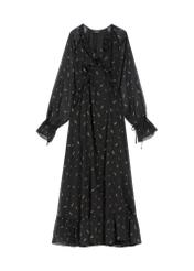 Black maxi dress with lilac pattern and ruffles SUKDT-0290-9P(Z26), product view from the front on a white background.