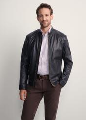 Classic men's leather jacket KURMS-0297-5427(KS), front product view on model. Half silhouette visible.