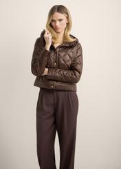 Women's brown short quilted jacket KURDT-0678-1H(Z26), front view of the product on the model. Half of the silhouette visible.
