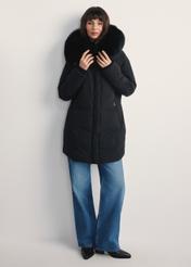 Women's black jacket with natural fox fur KURDT-0594-99(Z25) - front view of the product on a model against a white background. Full body visible.
