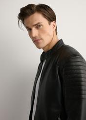 Black men's leather jacket KURMS-0394-99(W26), close-up of product detail, view on model.