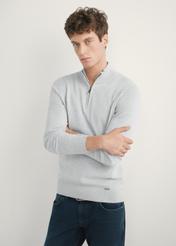 Light gray men's sweater with a stand-up collar SWEMT-0189-9A(W26) - front view of the product, on a model, against a light background. Half of the silhouette visible