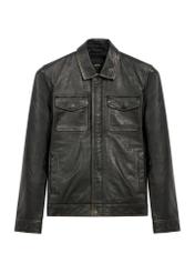 Black vintage men's leather jacket KURMS-0381-2870(Z25), product view from the front on a white background.