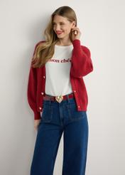 Red women's cardigan KARDT-0062-4B(W26), front view of the product on the model. Half of the silhouette visible.