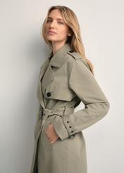 Long sage women's coat KURDT-0512-8F(W26), side view of the product on the model. Half of the silhouette visible.