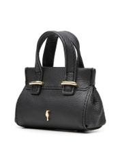 Black leather bag-shaped keychain BRELOK-0214-99(Z25), diagonal product view on white background.