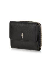 Small fold-out women's wallet black leather PORES-0816A-99(Z25), diagonal product view on white background.