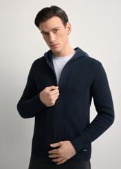 Navy blue men's hooded sweater SWEMT-0182-68(Z25), close-up of the product on the model's silhouette.