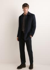 Men's navy wool coat PLAMT-0011-7D(Z26), front view on a model. Full-body shot.