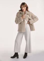 Beige women's fur coat FUTDP-0060-1B(Z26) - front view of the product on the model. Full body visible.