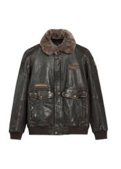 Brown leather jacket with collar KURMS-0380-2877(Z25), front product view on white background.