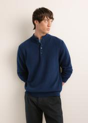 Men's dark navy blue sweater with a wool blend (SWEMT-0215-7E(Z26)); front view of the product on a model. Half of the figure is visible.