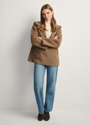 Brown woolen women's coat with hood PLADT-0064-89(Z25), front view of the product on the model, the whole silhouette is visible.