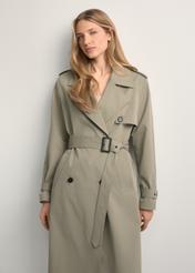 Long sage women's coat KURDT-0512-8F(W26), front view of the product on the model. Half of the silhouette visible.