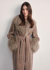 Beige wool coat with fur FUTDW-0014A-1A(Z26) - front product view on white background. Half silhouette visible.