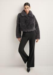 Women's gray short fur coat FUTDP-0082-9D(Z26), front view of the product on the model. Full body visible.
