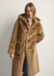 Women's khaki fur coat FUTDP-0070-55(Z25), front view of the product on the model, half of the silhouette visible.
