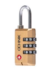 Gold TSA combination padlock AW-015-0002-28(W25), diagonal product view on white background.