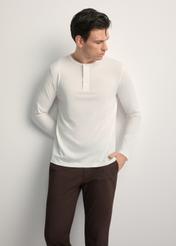 Men's white cotton longsleeve LSLMT-0010-0B(W26), front view of the product on the model. Half of the silhouette visible.