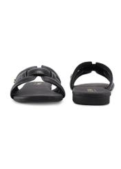 Women's black leather slides with braid BUTYD-1225-99(W26), front and back product view on white background.