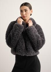 Women's gray short fur coat FUTDP-0082-9D(Z26), front view of the product on the model. Half of the silhouette visible.