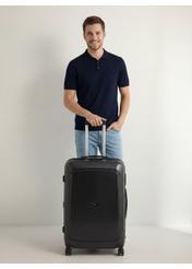 Large suitcase on wheels WALPC-0014-99-28(W26), front view of the product next to the model's silhouette.