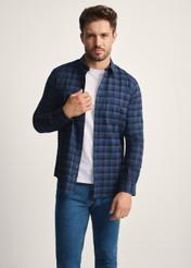 Navy blue men's checked shirt KOSMT-0333-68(Z25), front view of the product on the model, half of the silhouette visible.