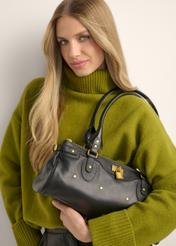 Black leather shoulder bag TORES-1369-99(Z26), front view of the product on the model's shoulder.
