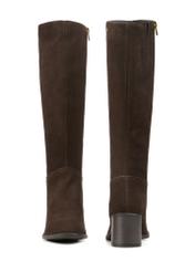 Brown suede high heel boots BUTYD-1100-1I(Z26), front and back product view on white background.