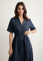 Dark navy linen midi shirt dress SUKDT-0281-7E(W26), front view of the model against a light background. Half of the silhouette visible.