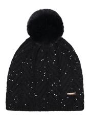 Black women's hat with pompom and sequins CZADT-0220-99(Z26), front product view on a white background.