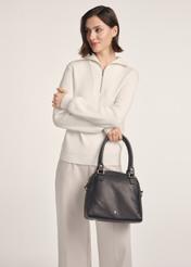 Black leather women's handbag TORES-1183-99(Z25), front view of the product on a model, half of the silhouette visible.