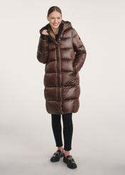 Brown long winter women's jacket KURDT-0531-89(Z25) - front product view on a model on a white background. The entire silhouette is visible.