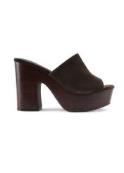Dark brown leather women's mules on a block heel BUTYD-1275-1I(W26), side view of the product on a white background.