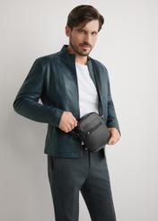 Black small leather men's bag TORMS-0498-99(W26) - front product view, on model, against a light background. Knee-length silhouette visible.