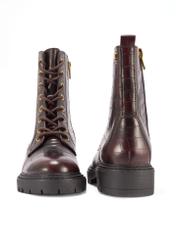 Burgundy women's croco ankle boots BUTYD-1192-90(Z25), front and back product view on white background.