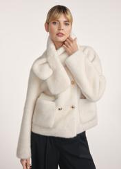 Cream women's fur coat FUTDP-0068-12(Z25), front view of the product on the model. Half of the silhouette visible.