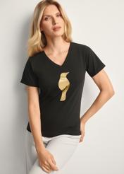 Black women's t-shirt TSHDT-0149-99(Z25), front view of the product on the model, half of the silhouette visible.