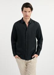 Black linen men's shirt KOSMT-0321-99(W25) - front product view on the model on a white background. Half of the silhouette visible.