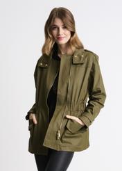 Olive colored women's jacket with a ribbed hem KURDT-0354-57(W22)-01