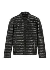 Black men's leather insulated jacket KURMS-0379-3358(Z25), product view from the front on a white background.