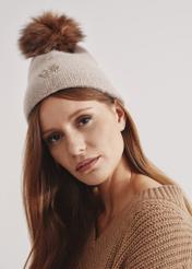 Beige women's cap with pompom CZADT-0153-83(Z23)-01